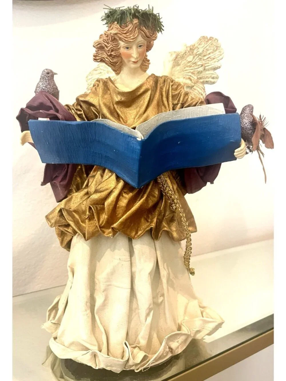 Vtg Christmas Angel Tree Topper Resin Florentine Fabric Mache Bird Book Victoria